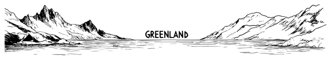greenland mountain landscape – monochrome outline vector illustration © Kaz