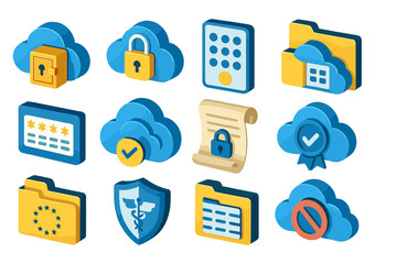 Cloud security 3d icon set. data protection and privacy, cybersecurity symbols collection
