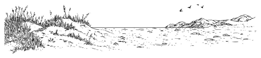 sandy beach with grass and islands – monochrome outline vector illustration