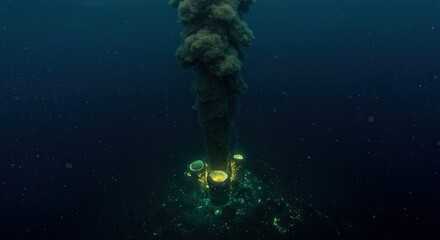 Underwater hydrothermal vent emits dark smoke and glowing yellow structures.