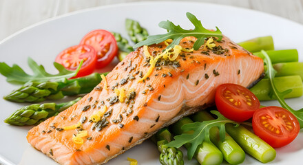 Grilled salmon fillet with asparagus, tomatoes, and arugula, showcasing a healthy and delicious meal option, perfect for a balanced diet and gourmet cuisine