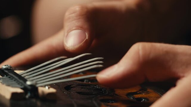 Jazz man playing on kalimba, african Hands Play music on Kalimba, Sound Recording in studio, traditional instruments.