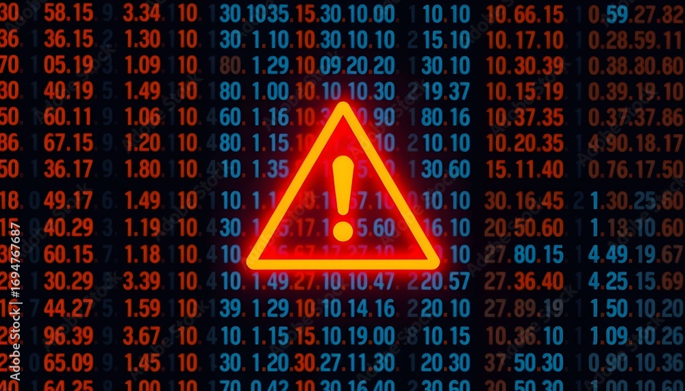 Poster a bright orange warning triangle with an exclamation mark is superimposed over a digital stock marke
