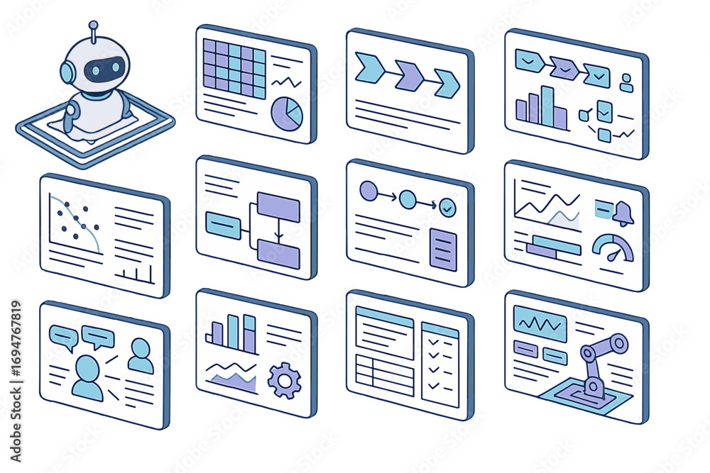 Poster data analysis 3d icon set. charts, graphs, and report visuals for insightful analytics