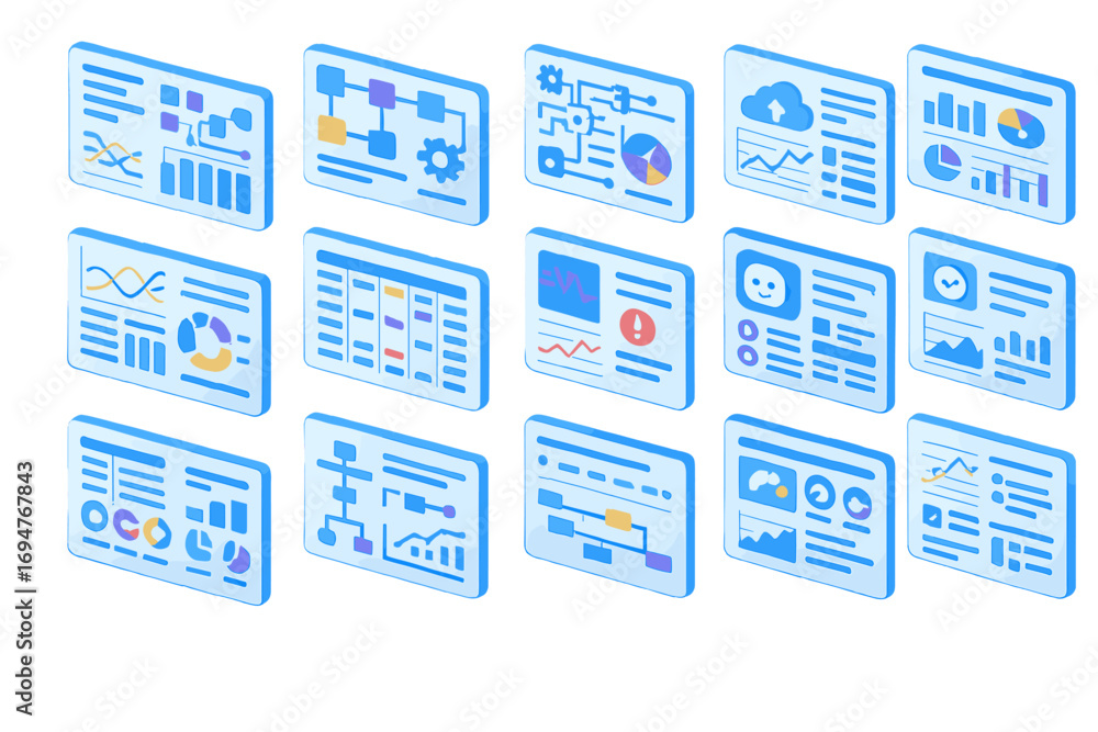 Poster data analysis 3d icon set. charts, graphs, and reports in a futuristic collection