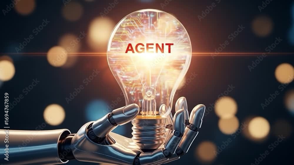 Aufkleber robot hand holding a lightbulb with circuit board and agent text