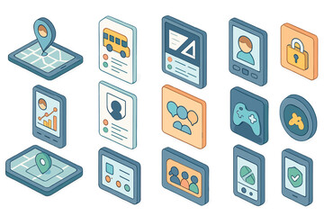 Communication, technology 3d icon set. network, gadgets, social media icons collection