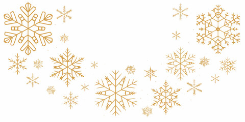 Elegant gold snowflakes scattered across a clean white background for winter holiday designs