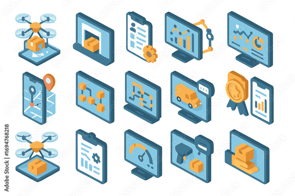 Poster business and analytics 3d icon set. data, chart, graph symbols in dimensional style