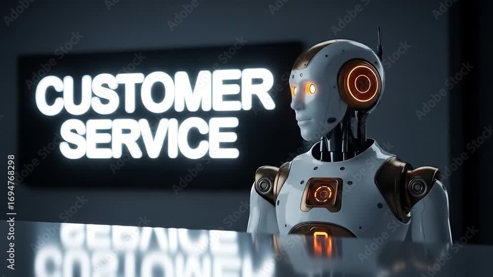 Poster robot with glowing eyes and customer service sign android