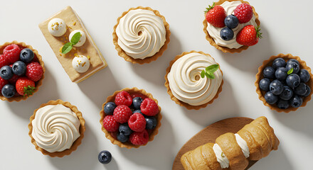 Um delicioso bolo de chocolate gourmet com cobertura de creme, frutas vermelhas e morangos frescos