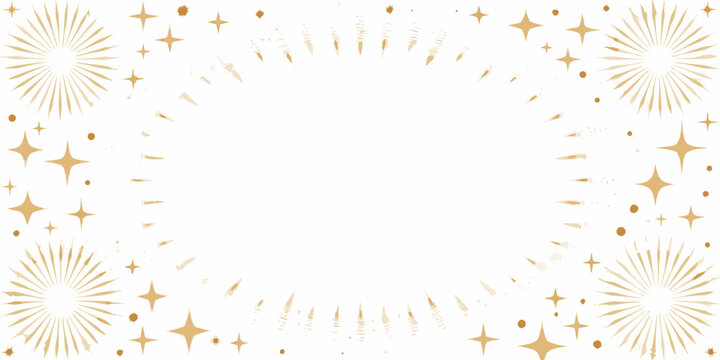 Golden starbursts and sparkling stars create a festive border around a blank white oval space for text