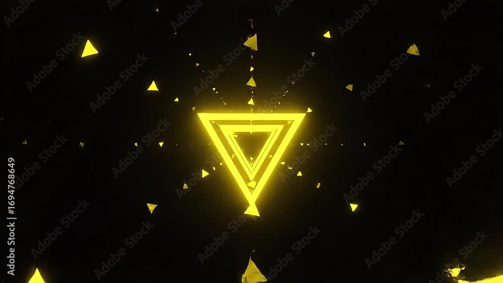 Poster abstract graphic design featuring numerous glowing yellow triangles arranged in a symmetrical patter
