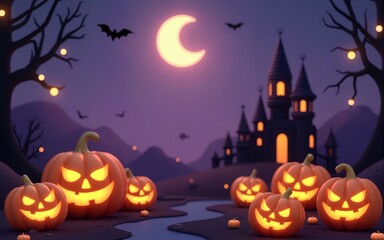 Halloween background with pumpkins and castle, 3d render illustration. High quality