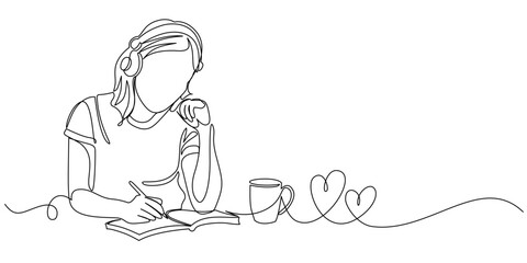 Minimalist Line art vector illustration of Female Student Writing on a book