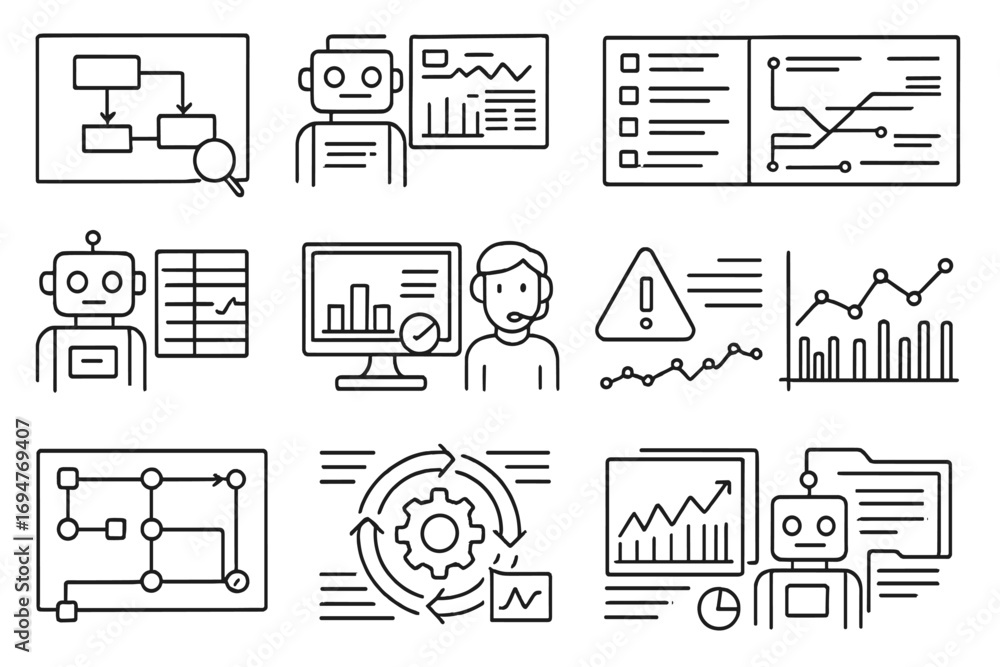 Poster data analysis linear icon set. analytics, charts, and robot process outline style icons.