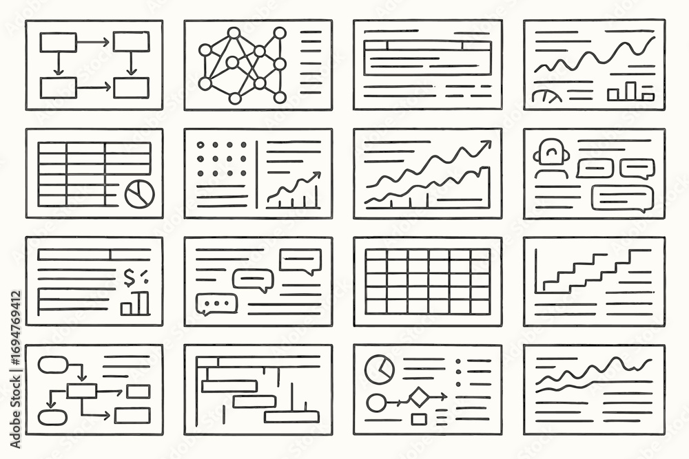 Poster business and analytics line icon set. charts, graphs, data visualization linear designs