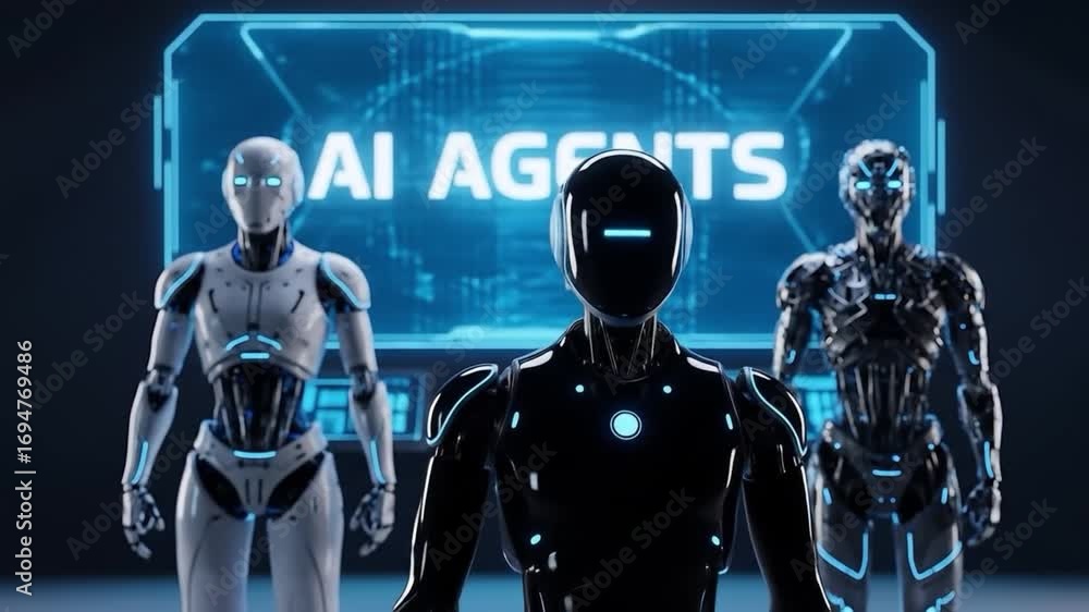 Aufkleber three futuristic ai robots standing in front of a digital screen