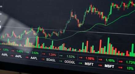 market data displayed on a screen, showing upward trends and percentage changes for various  symbols.
