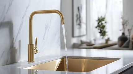 Close up of a gold faucet with water running into a sink in a modern kitchen