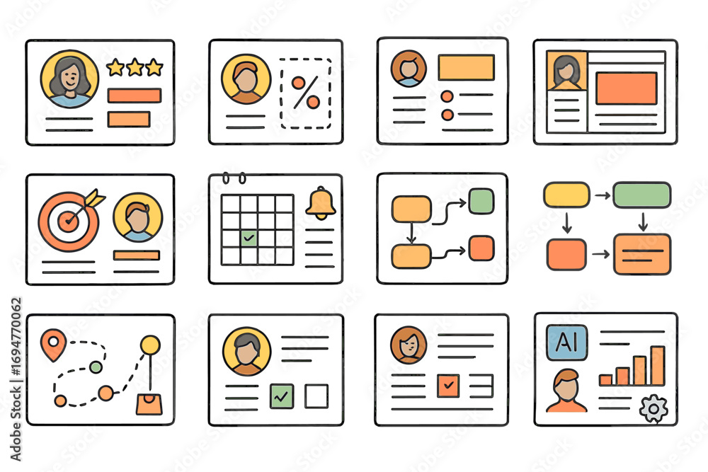 Poster business analytics linear icon set. data analysis, chart, graphs in line art