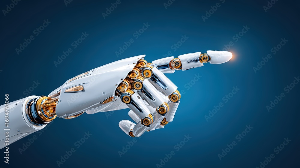 Poster futuristic robot hand with detailed mechanical joints and sleek white design pointing forward on a d