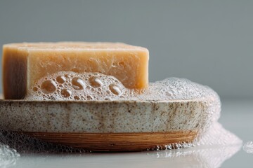 Close-up of African Soap Bar on Ceramic Dish with Foam and Water