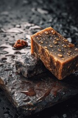Fototapeta premium Close-up of African Black Soap and Beard Balm on Stone with Water Droplets
