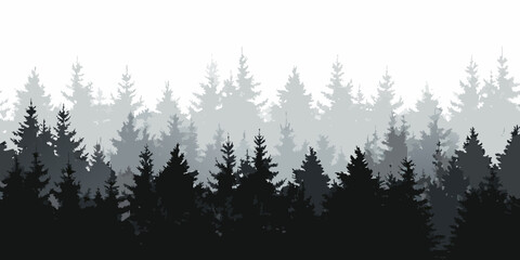 Obraz premium Monochromatic silhouette of dense evergreen forest trees layered in varying shades of gray against a white background