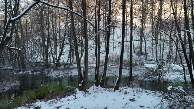 Winter flight over the snow covered Alme springs. Alme is a village near Brilon in the Sauerland region. Germany.