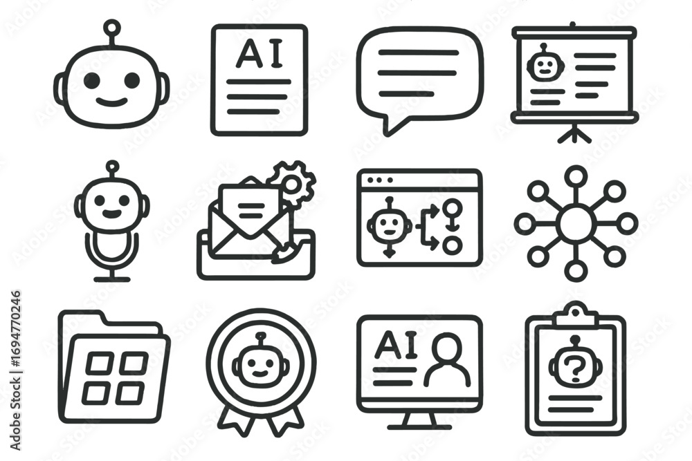 Poster artificial intelligence outline icon set. chatbot, automation, and workflow icons collection