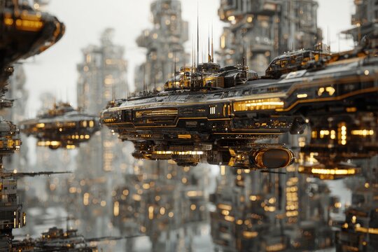 Futuristic cityscape with hovering ships
