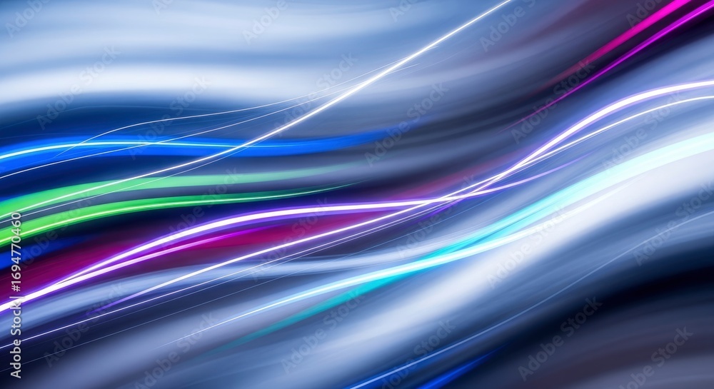 Poster dynamic abstract background with glowing multi-colored light trails swirling across a blurred dark b
