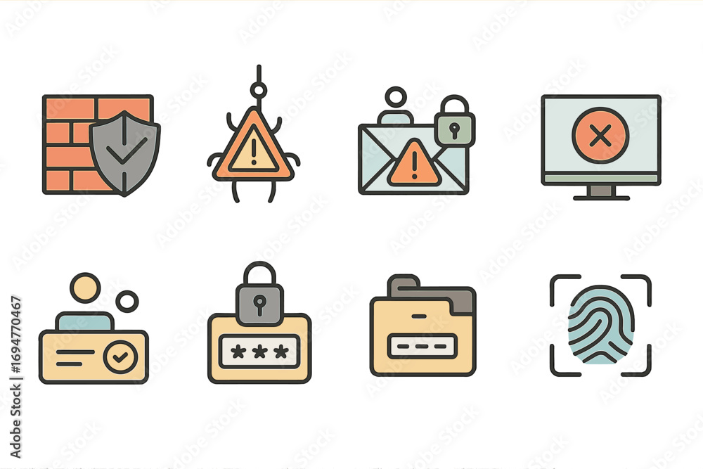 Poster security and privacy flat icon set for data protection and cybersecurity