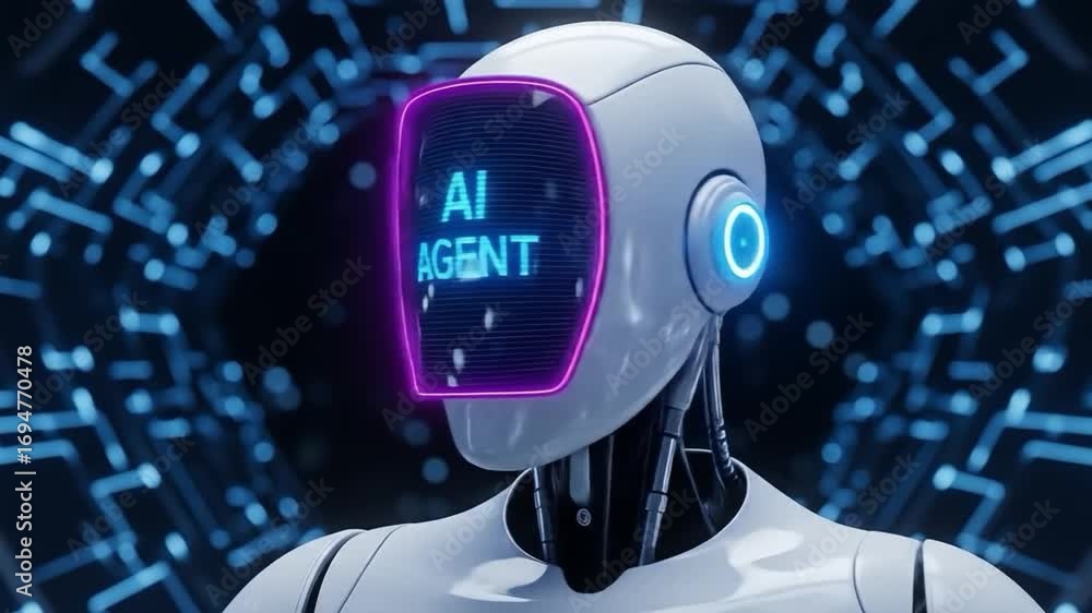 Aufkleber white robot head with ai agent text on glowing screen
