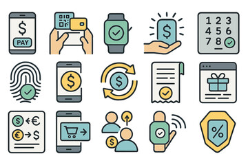 Finance and payments icon set. hand-drawn, digital transaction icons flat style