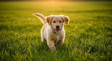 A cute golden retriever puppy sitting in the green grass on a summer day