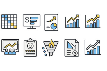 Obraz premium Business and analytics outline icon set. data, growth, finance tools for professionals