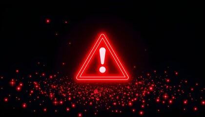 Glowing red neon warning sign with an exclamation point, set against a dark background with scattered particles.