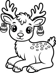Cute Cartoon Reindeer with Christmas Ornaments Coloring Page for Children Festive Holiday Fun and Educational Activity