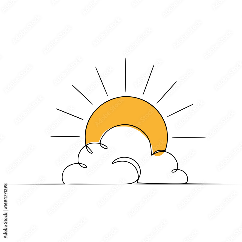 Poster sunrise illustration with clouds in line art style, isolated vector image on a transparent backgroun