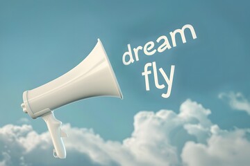 White loudspeaker projecting dream and fly words in air, surreal scene with cloudy sky background