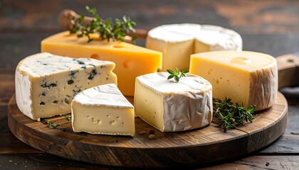 Assorted cheeses on a wooden board