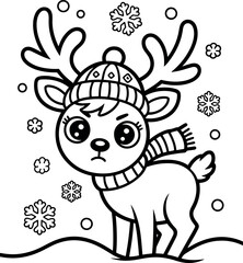 Cute Christmas Reindeer Coloring Page Wearing Hat and Scarf in Snowfall Black and White Illustration