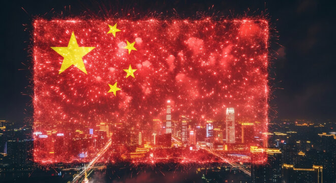Dynamic Chinese flag formed by vibrant fireworks over a glowing modern cityscape at night - Powered by Adobe