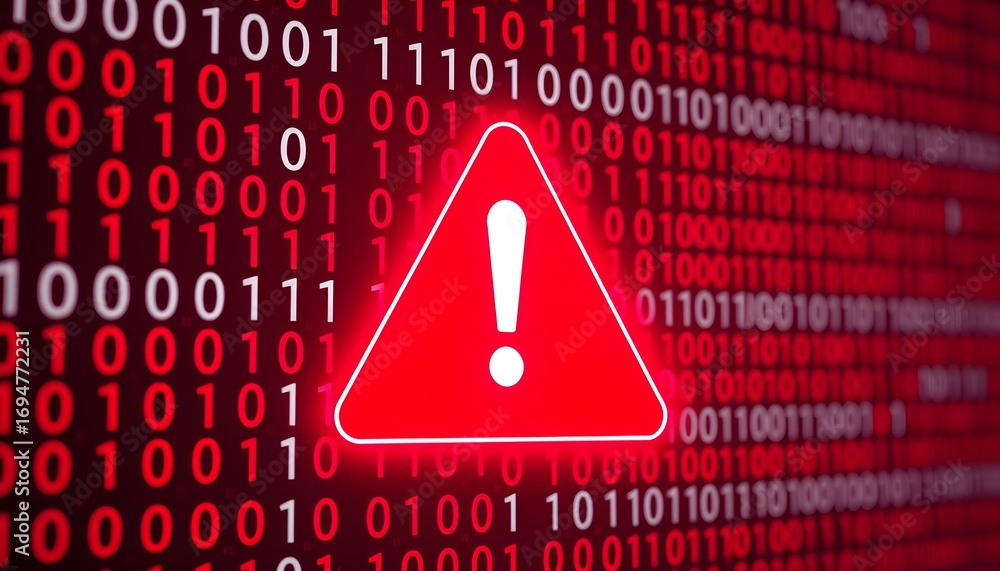 Poster a digital warning sign with an exclamation mark inside a red triangle, superimposed over a backgroun