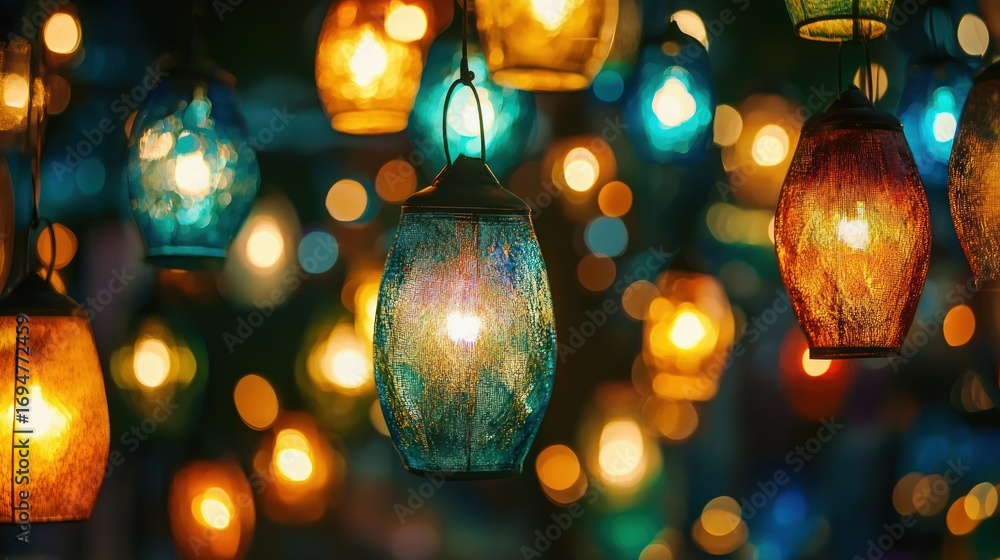 Poster a vibrant display of colorful lanterns hanging from the ceiling, casting a warm glow and creating a 