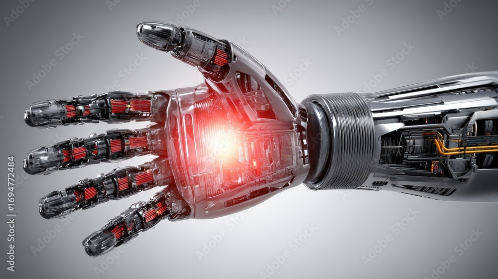 Poster advanced robotic hand with glowing red light showcasing artificial ligence technology and futuristic