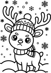 Cute Reindeer in Winter Hat and Scarf Surrounded by Snowflakes Coloring Page Vector Illustration