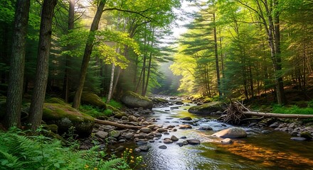 Fototapeta premium Sunlit Forest Stream with Calm Nature.